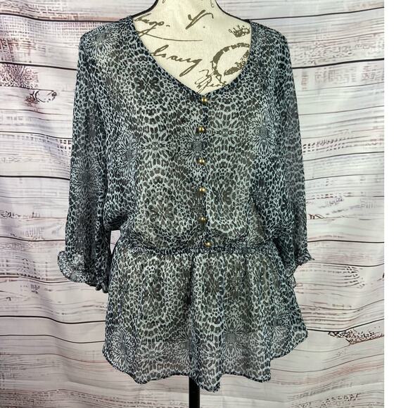 Paisley and Ivy Animal Print Top Womens M Cinched Waist Cuff Chiffon 3/4 Sleeve - Picture 1 of 10